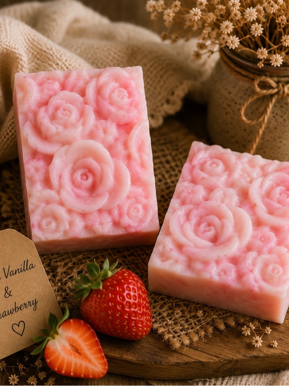 Handcrafted Goats Milk Pink Rose Soap Bar - Vanilla & Strawberry Scent